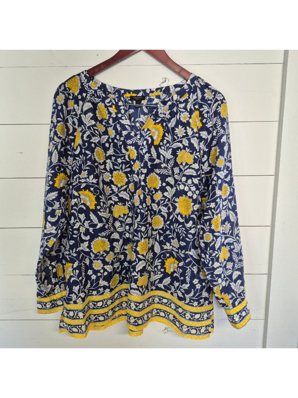 Talbots Petite Navy Floral Print Long Sleeve Blouse